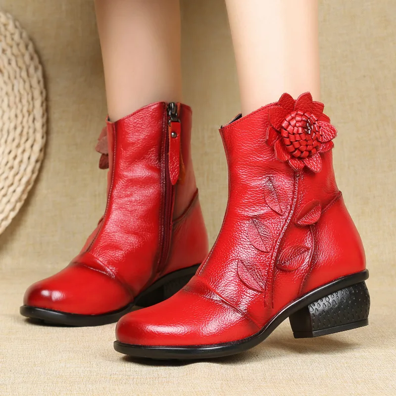 

New Cow Leather Ankle Boots Women Shoes Genuine Leather Winter Boots Soft Flower Comfortable Warm Spare Heel Boots889