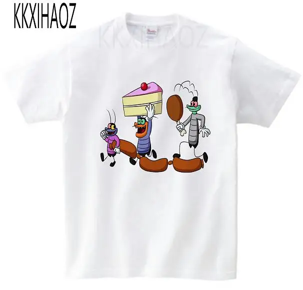Детская летняя футболка для мальчиков и девочек с дыхательными упражнениями детская хлопковая Футболка с принтом Oggy и тараканы - Цвет: White childreT-shirt