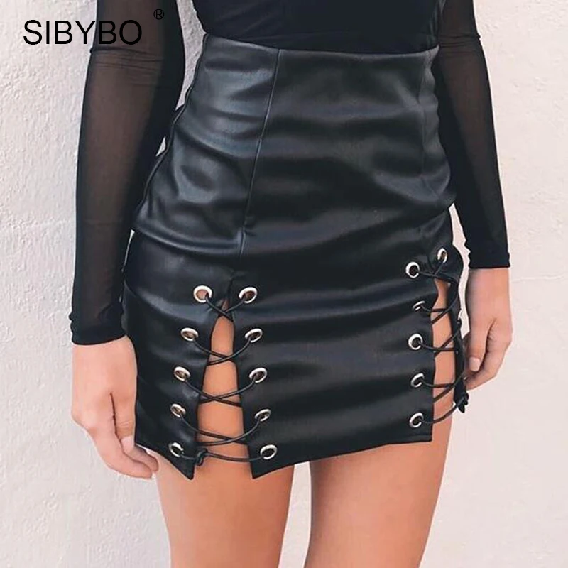 Женская юбка карандаш из искусственной кожи Sibybo черная мини с высокой талией и