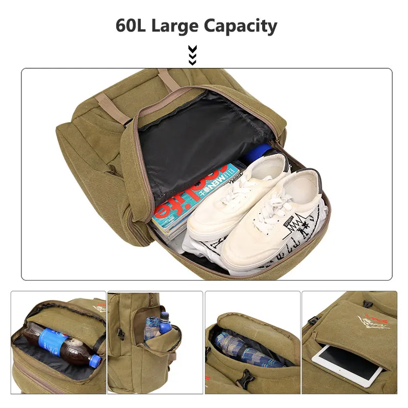 Günstig 60L Große Camping Tasche Reisen Rucksack Leinwand Armee Military Taschen Gepäck Multi funktion Klettern Mochila Männer Wandern Tas XA26D