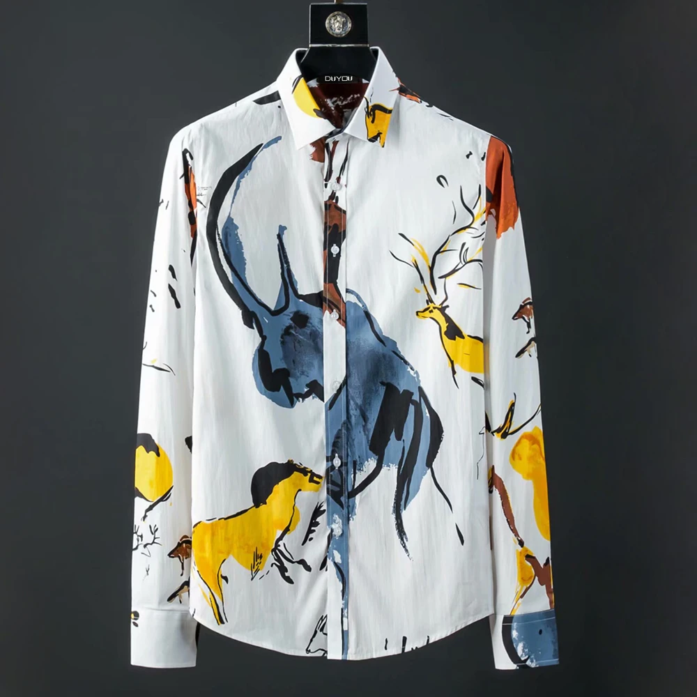 DUYOU/брендовая мужская рубашка из хлопка, мужская рубашка с длинными рукавами, мужская приталенная рубашка, мужские повседневные рубашки с рисунком лося в китайском стиле