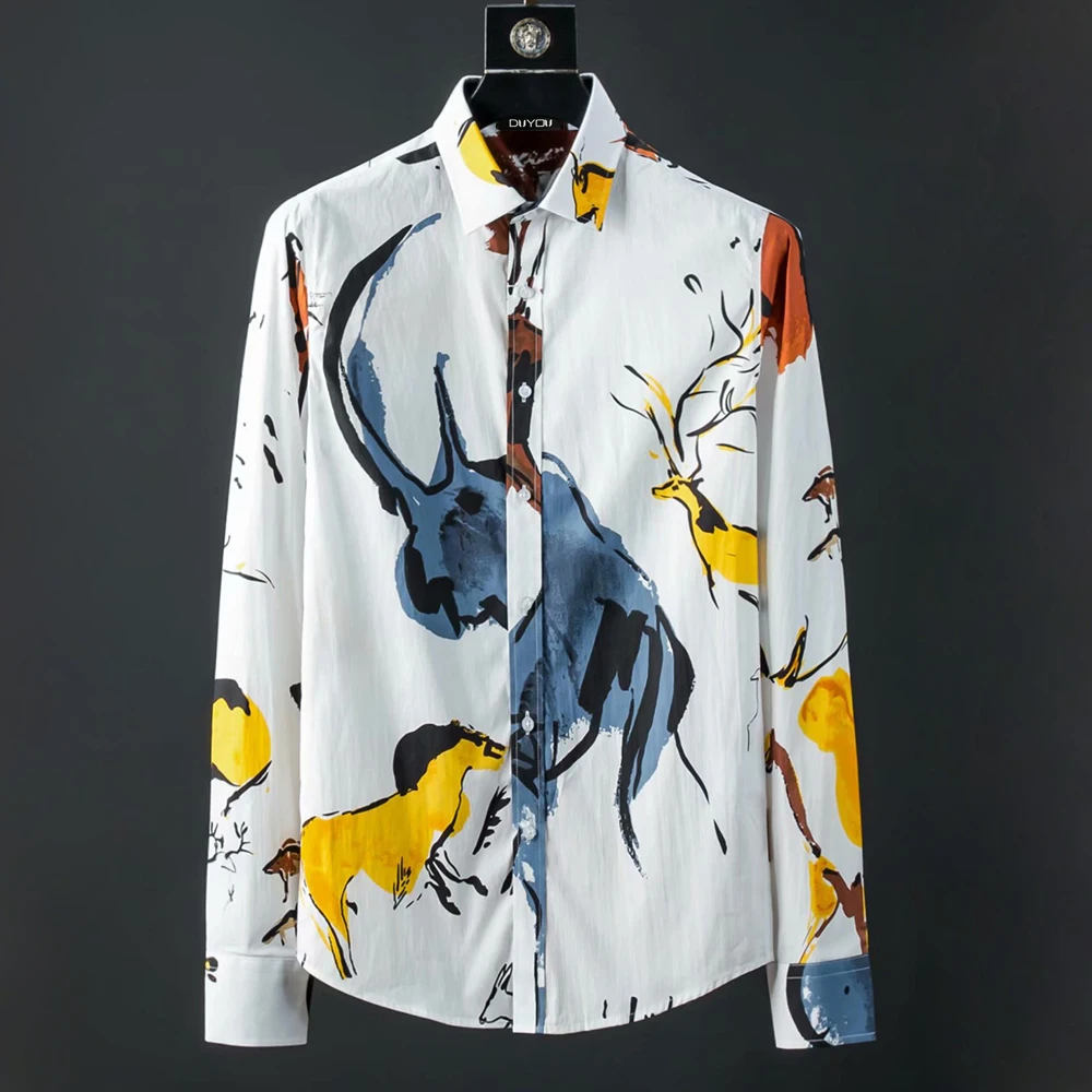 

DUYOU Brand Men 100% Cotton Shirt Men Long Sleeve Shirt Mens Slim Fit Dress Shirt Male Chinese style Elk Printed Casual Shirts