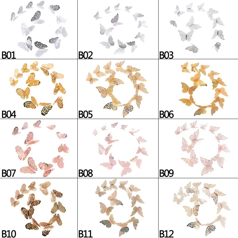 12 шт./компл. 3D полые бабочки наклейки на стену для дверь холодильника стикеры 3 размера, серебро, розовое золото, домашний Свадебный декор поделки из бумаги