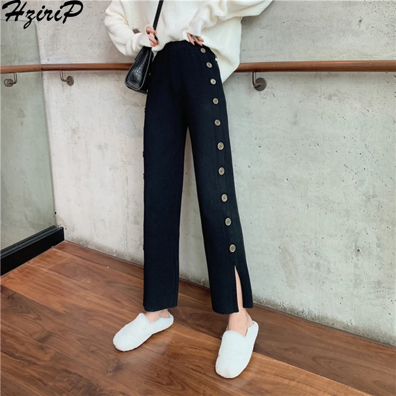 

HziriP Korean 2019 New Autumn Winter Simple Women Trousers Fashion Split All Match Single Breasted Casual Elastic High Waist