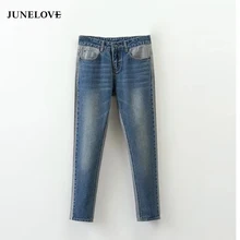 JuneLove Весна для женщин Повседневное ботильоны длина брюки для девочек Молния fly дамы прямые джинсы Высокая Талия сращены панелями Джинс