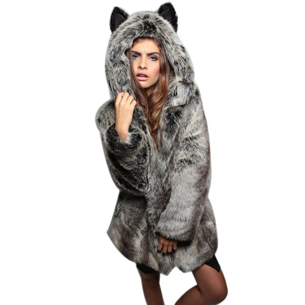 

Plus Size Women Winter Women Thick Faux Fur Animal Ears Warm Hooded Jacket Coat