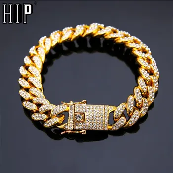 

Hip Hop Bling Miami Cuban Chain Iced Out Full AAA Men's Bracelet Rhinestone Zircon Paved Gold Bracelets for Men Jewelry