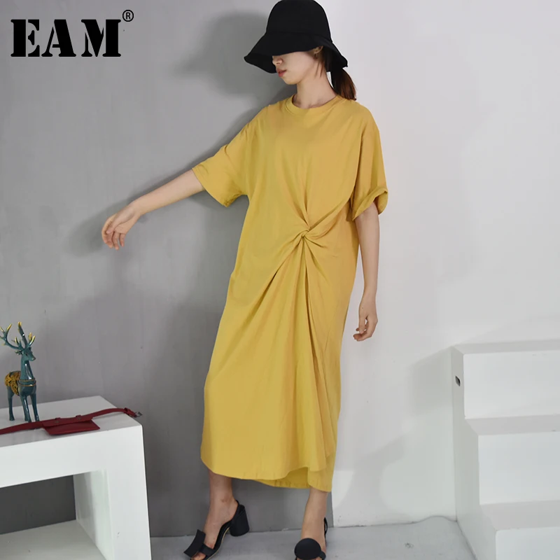 

[EAM] 2019 New Spring Summer Round Neck Shrot Sleeve Black Waist Fold Knot Splti Joint Loose Irregular Dress Women Fashion S206