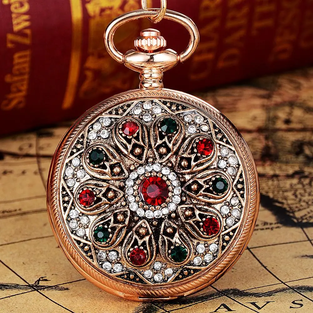 Vintage Carved Multicolor Rhinestone Inlaid Luxury Pocket Watch Women