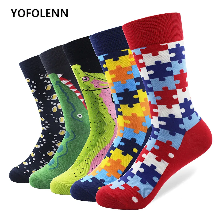 

5 Pairs/Lot Men's Classical Funny Combed Cotton Socks Puzzle Bear Crocodile Long Casual Crew Socks Happy Crazy Dress Socks