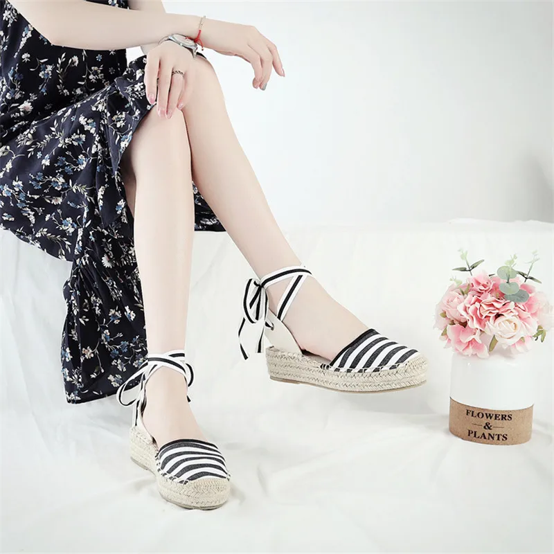 Summer Black Striped Wedge Espadrilles Women Sandals Closed Toe Lace Gladiator Sandal Women Casual Lace Up Women Platform Sandal (8)