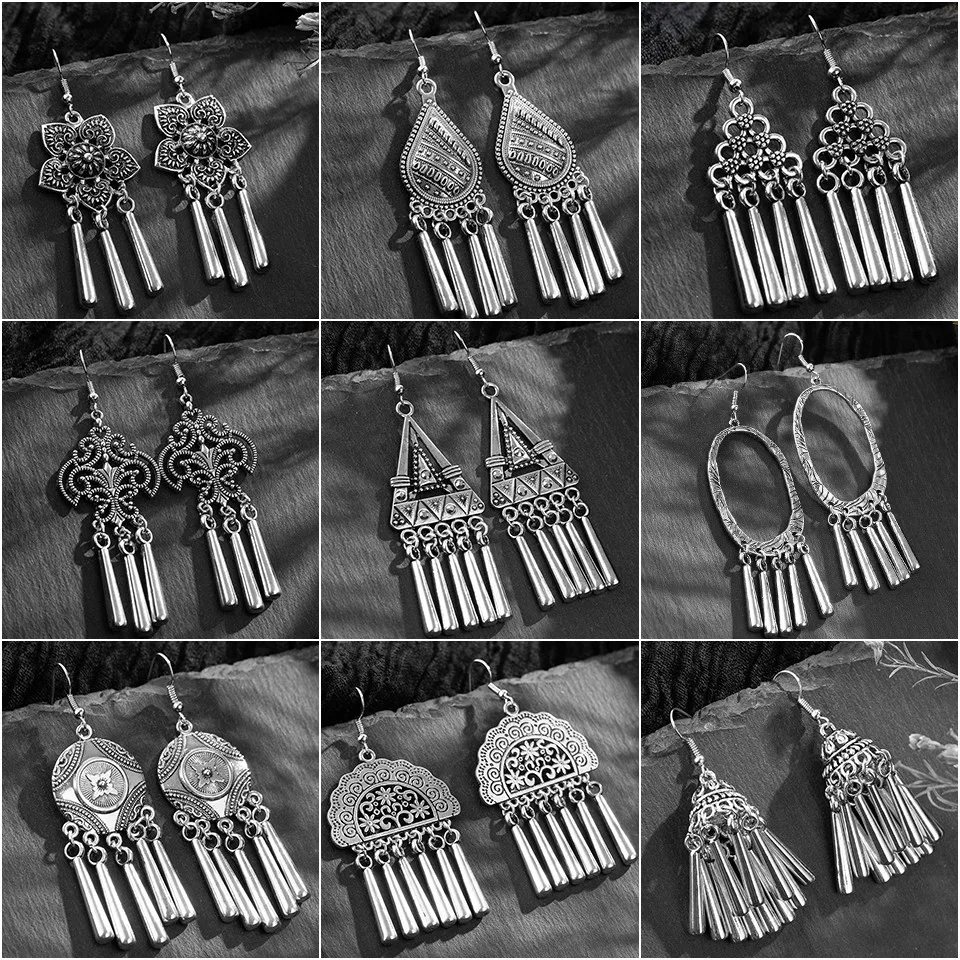 

Bohemia Silver Hollow Flower Leaf Moon Long tassel Women's earrings Vintage Ethnic Long Dangle Earring for women 2019 New