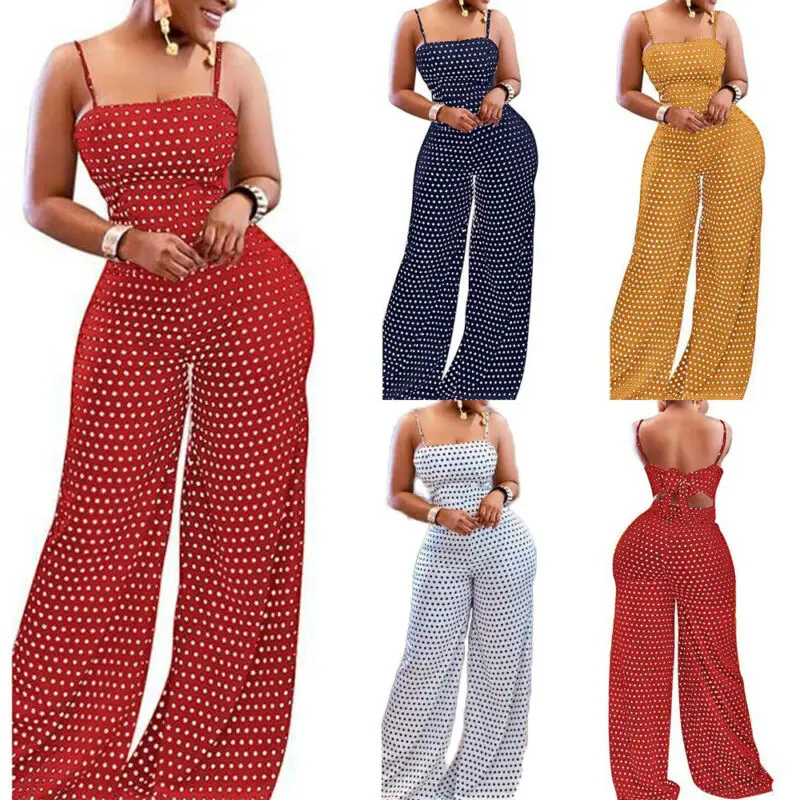 WEUIE Women Spaghetti Strap Sleeveless Wide Leg Long Pants Backless Playsuit Polka Dot Jumpsuit Romper Overalls