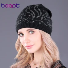 [boapt] двухъярусный толстый шерсть вязаный головные уборы бриллиант встроенный шляпа черепа черепах твердый кепка тепло повседневная зима колпачки для женская шляпа