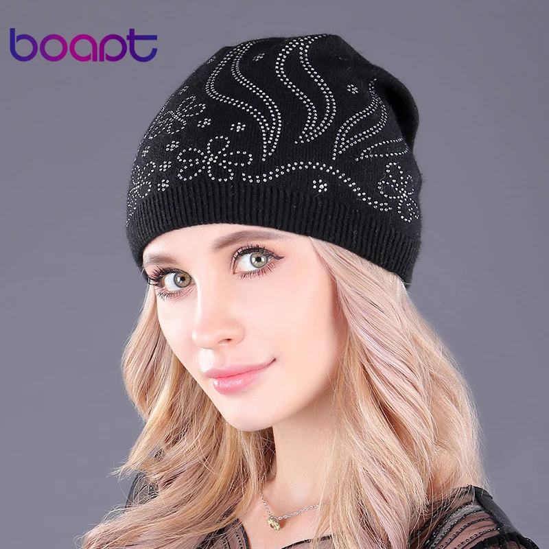 

[boapt] double-deck thick wool knitted hats diamond embedded skullies beanies solid cap warm casual winter caps for women's hat