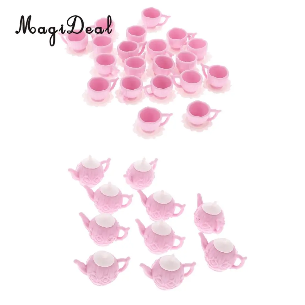 

MagiDeal Hot Sale 10Set Dollhouse Miniature Plastic Pink Tea Pot with 2 Cups Tableware Accs for Kids Pretend Role Play Game Toy