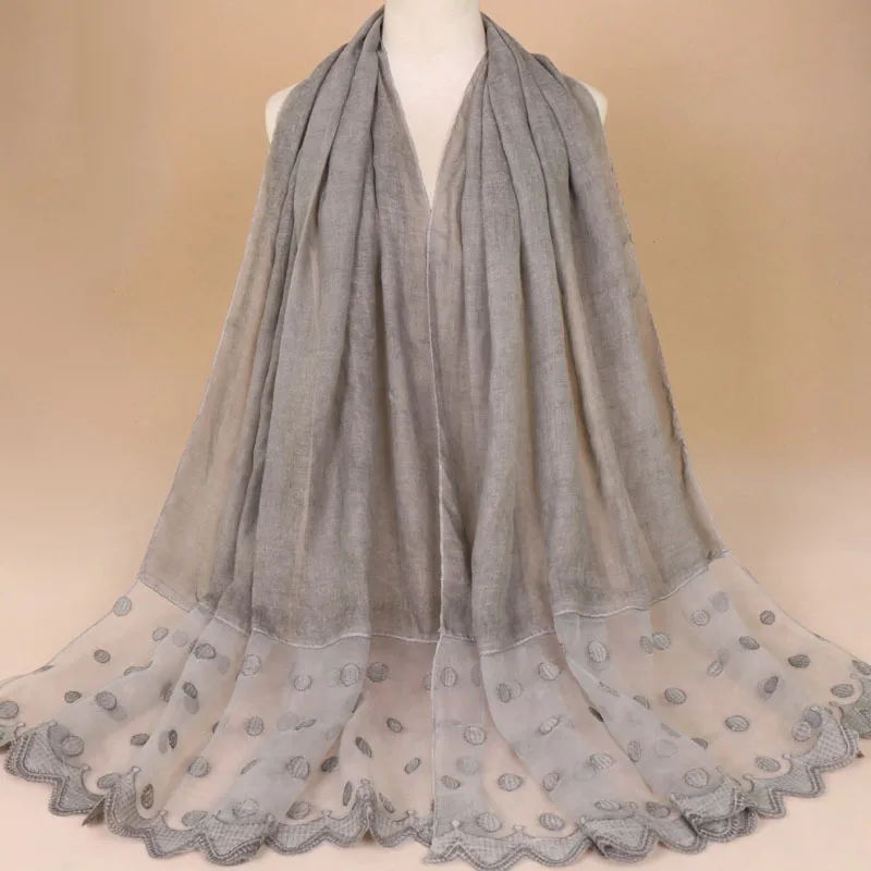 Популярный женский Шелковый платок с разрезом, Круглый Одноцветный ДЛИННЫЙ КРУЖЕВНОЙ мусульманский хиджаб - Цвет: 6 gray