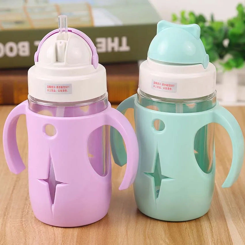 260ML Baby Kids Glass Water Cup With Straw Handle Cute Plastic Cover ...