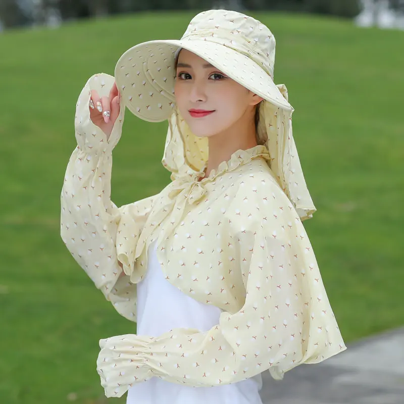 yellow hat clothes Солнцезащитные шляпы с широкими полями для женщин, летняя Солнцезащитная шляпа с защитой от ультрафиолета, Солнцезащитная шляпа с отворотом, козырек с рукавами, маски - Цвет: yellow hat clothes
