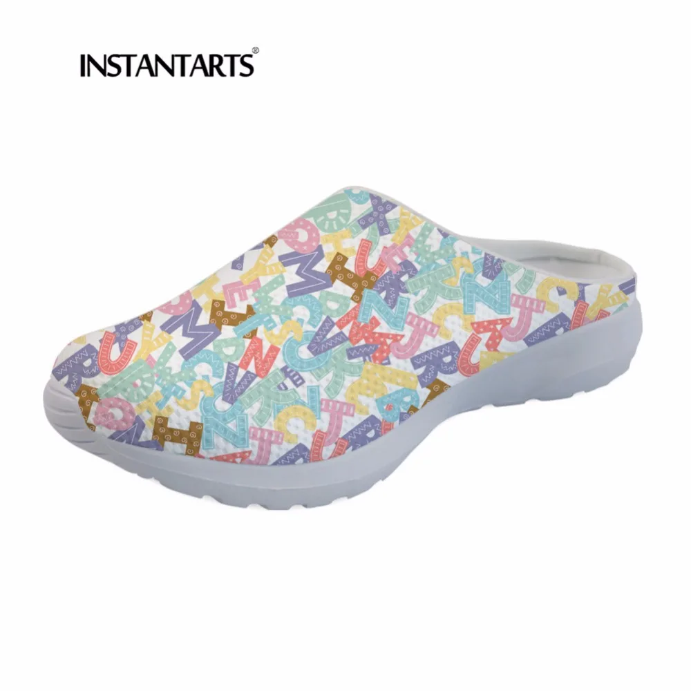 

INSTANTARTS Cute Letter Sandals Women Summer Air Mesh Flats Shoes 3D Print Youth Girl Casual Home Platform Summer Slippers Shoes