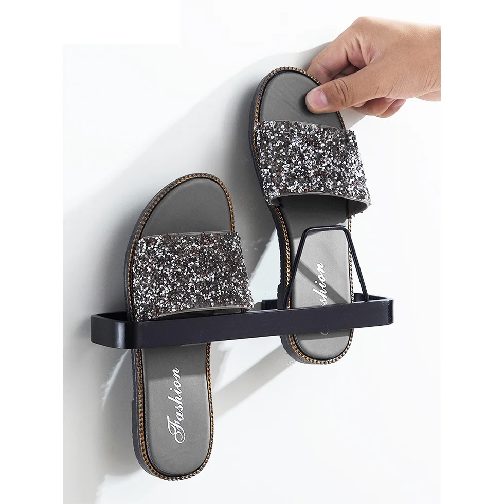 

Black Silver Space Aluminum Slippers Shelf Bathroom Shoe Rack Modern Afterdoor Storage Rack
