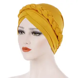 Мусульманские сплошной цвет кос Эластичный Тюрбан рюшами волос шапки бини банданы шарф для головы головные уборы для женщин 019