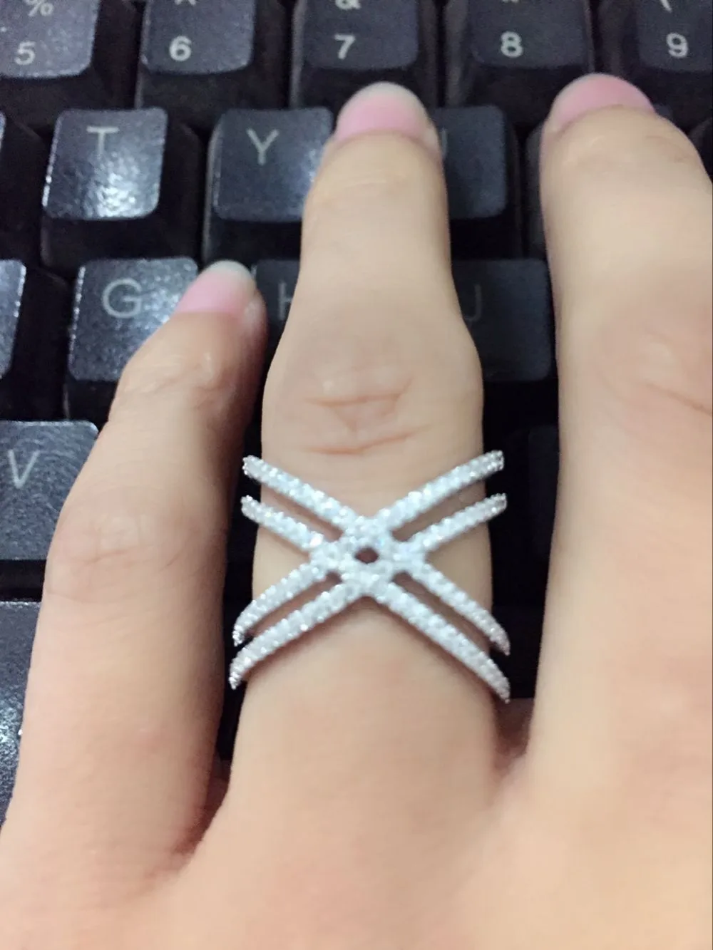 Genuine 925 Sterling silver size 6,7,8,9 micro pave cz double Criss cross X ring for wedding women finger jewelry plus size criss cross v neck tee