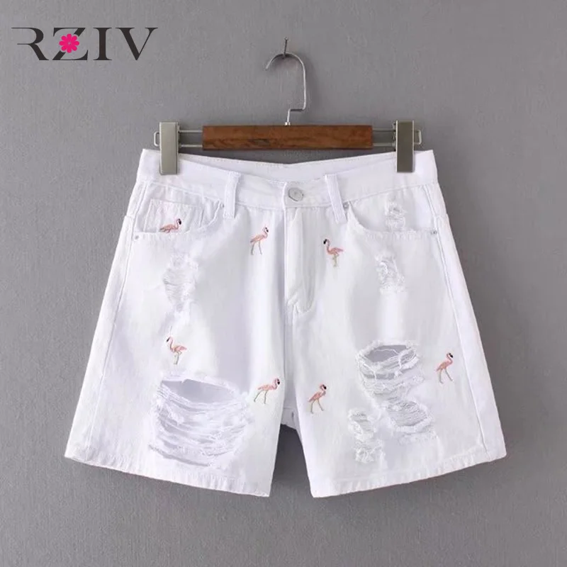 RZIV 2017 female jeans casual pure color Denim shorts Ostrich embroidery holes jeans
