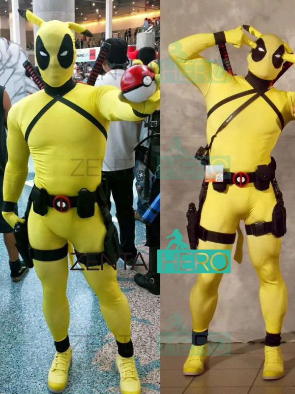 Черно желтый милый костюм Pokemon Pikachu Дэдпул мужской из лайкры на Хеллоуин