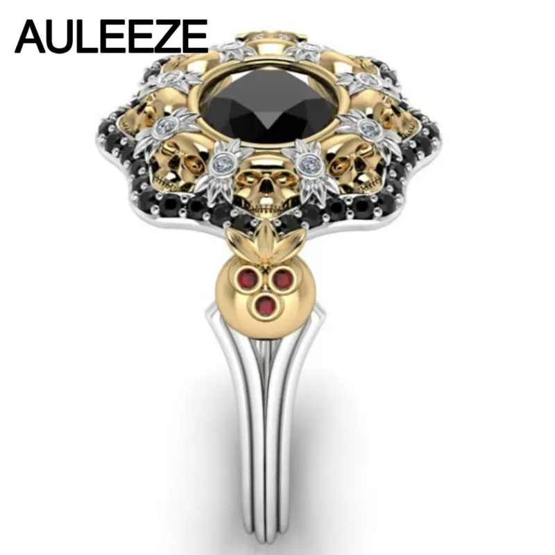 

Halloween Natural Agate Flower Engagement Ring 10K Two Tone Gold Unique Skull Ring Real Gemstone Floral Anniversary Ring