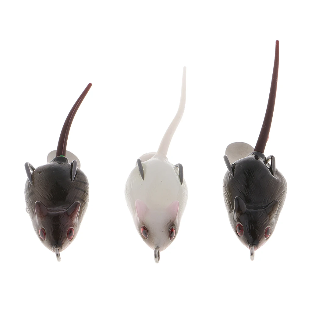 3pcs Long Tail Mouse Fishing Lures 3D Artificial Rat Lures Weedless Lures Mice Baits for Bass, Perch, Snakehead