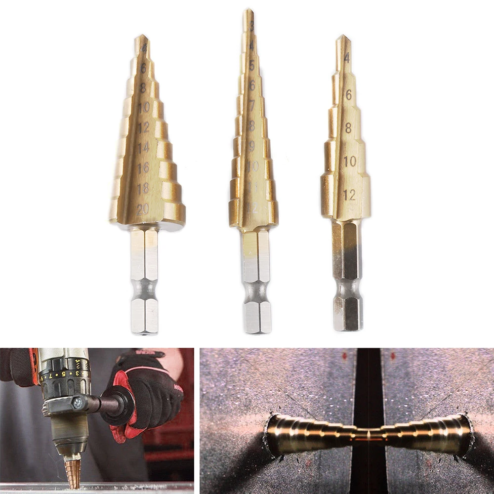 

3pcs/set HSS Cone Drill Bit 3-12mm/4-12mm/4-20mm Titanium Tipped Step Cone Drill Hex Shank Tool Kit for Steel Wood Plastic