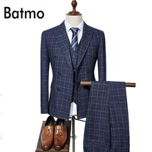 Новое поступление хлопок высокого качества двубортный клетчатый темно-синий костюм для мужчин, свадебное платье