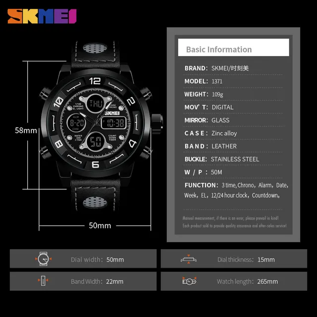 SKMEI Men’s Watch Clock Sport Watch Men Fashion Quartz Digital 3 Time Countdown Alarm Man Wrist Watches relogio masculino 1371