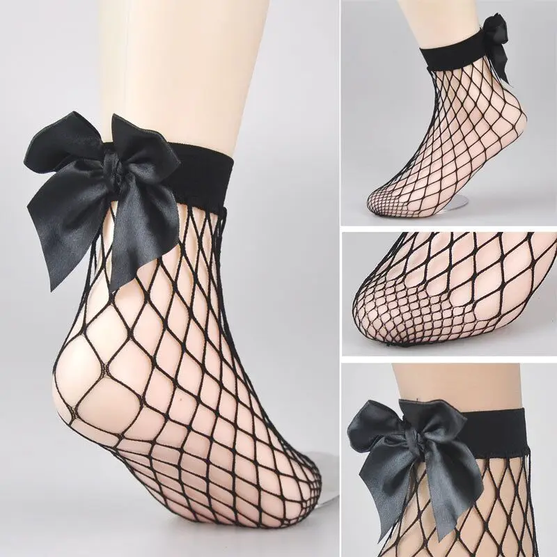 2 Pairs Chic Women's Harajuku Breathable White Bow knot Fishnet Socks.Sexy Hollow out Mesh Nets Socks Ladies Girl's Lolita Style Bow Sox0 (2)