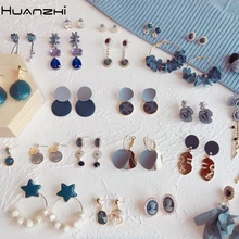 HUANZHI серый синий ацетат геометрическое человеческое лицо хрустальные стразы цветок длинные капли Комплект сережек для женщин вечерние ювелирные изделия