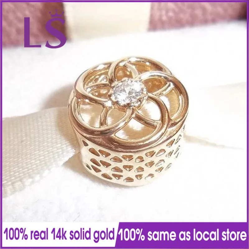 

LS New 100% 14&k Real&Solid Gold Loving Bloom Charm Fit Original Bracelets Pulseira Berloque 100% Original Fine Jewelry N