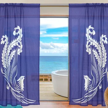 

Sheer Door Curtain Panels W55x L78 Inch/55x L84 Inch,Chinese Phoenix Bird Blue White,Window Curtains Voile Sheers 2 Panels Set