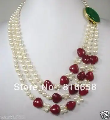 

Free shipping@@Gorgeous Jewelry 3 Row White Freshwater Pearl & Red Jade Necklace 6.09