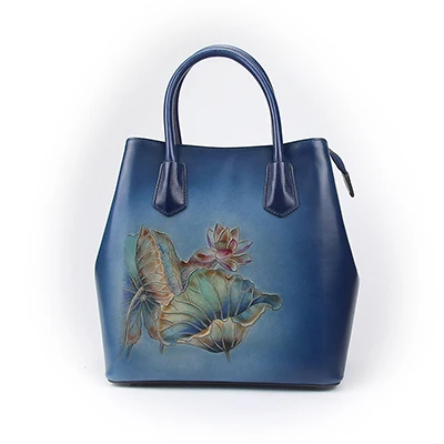 Женская Большая Сумка-тоут из натуральной кожи, ручные сумки, ручная работа, натуральная кожа, сумка на ремне, женские сумки с цветами и ручками сверху - Цвет: Синий