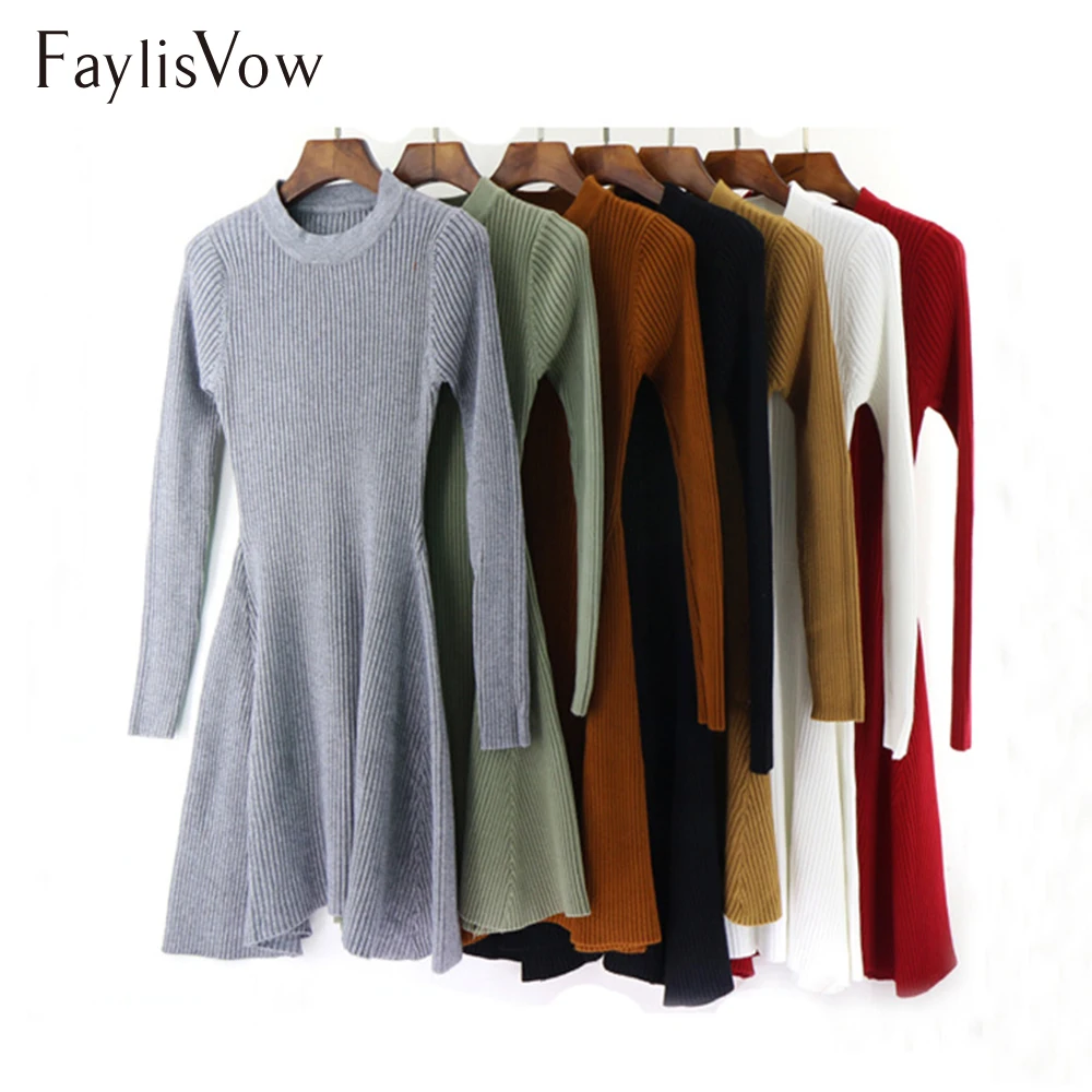 

Autumn Winter Solid Knitted Sweater Dress Women O Neck Long Sleeve Bodycon Warm Dresses Ladies A Line Mini Short Dress Clothes