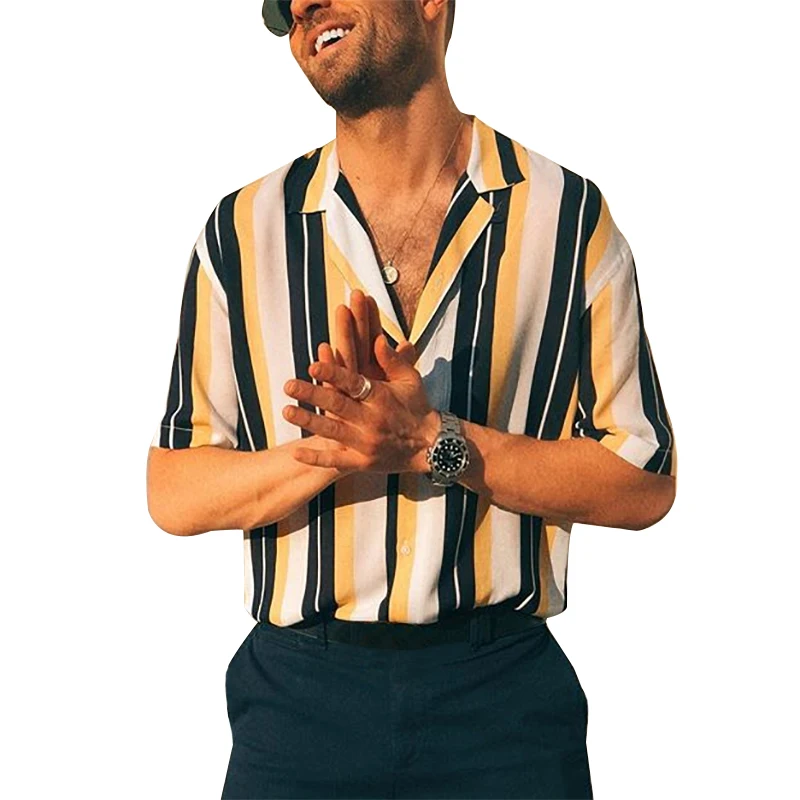 

Toplimit Men's New Summer Short Sleeve Shirts Striped Print Beach hawaiian Casual Button Turn-down Collar Versatile Top Blouse