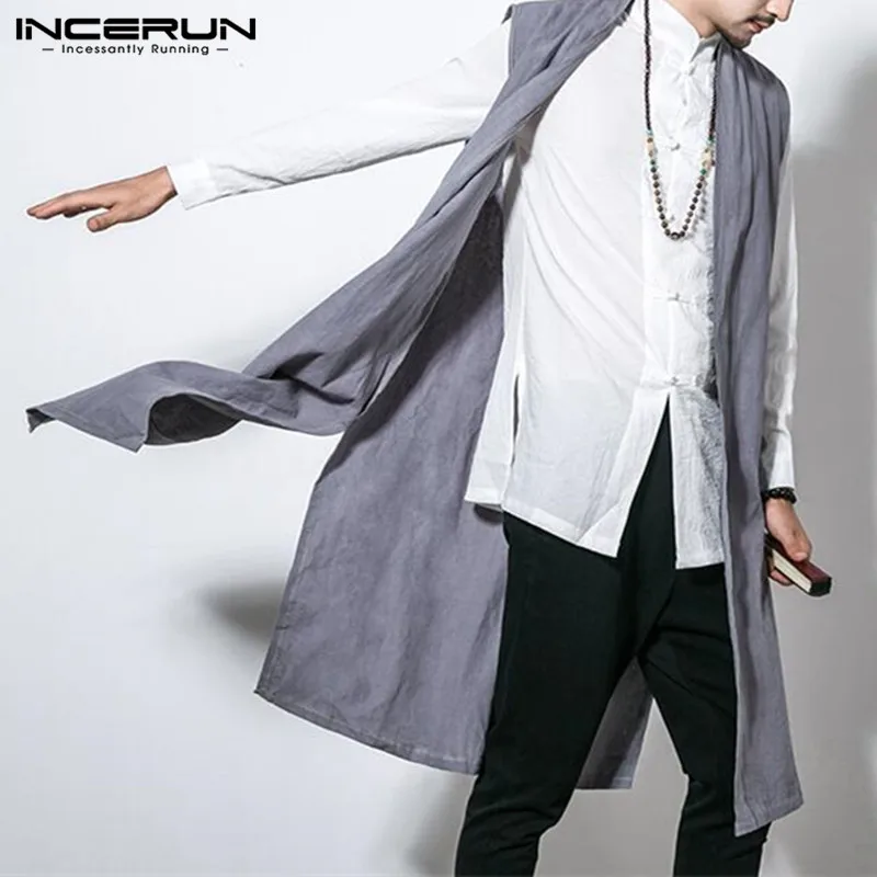 INCERUN мужской жилет в китайском стиле, Тренч без рукавов, винтажный Повседневный Длинный жилет, однотонный хлопковый мужской кардиган, верхняя одежда, L-5XL