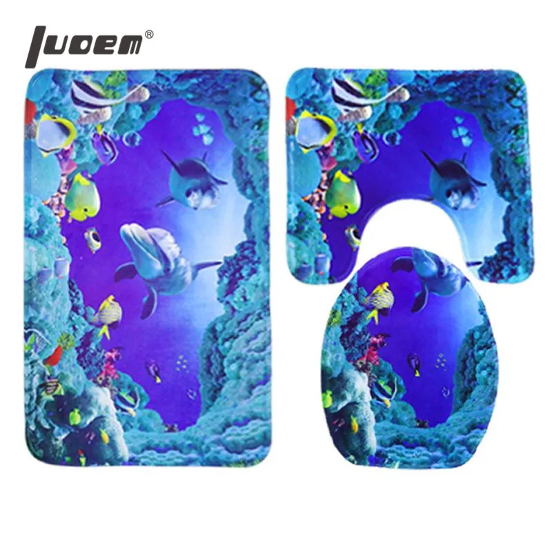 

LUOEM Three Pieces 3D Effect Printed Bathroom Mat Set Non-Slip Bath Mat Toilet Rug Closestool Lid Cover