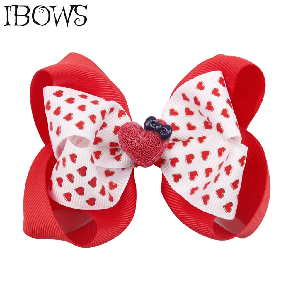 

2Pieces 4'' Red Heart Print Hairgrips Grosgrain Ribbon Hair Bows With Alligator Clips For Girls Hair Barrettes Hair Accessories