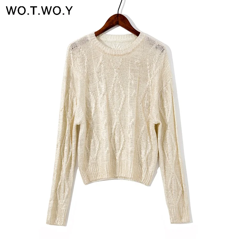 WOTWOY осень зима блестящий золотой штамп крест-накрест вязаный женский свитер повседневный мягкий пуловер с круглым вырезом и длинным рукавом для женщин - Цвет: S19159-Apricot