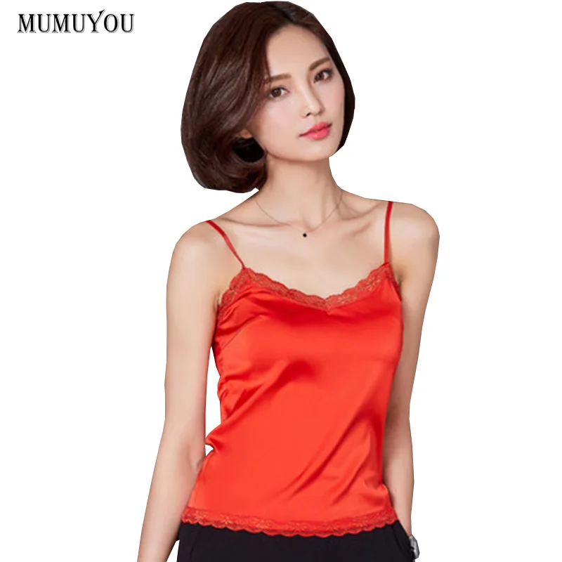 

Women Faux Silk Camis Casual Solid Lace Patchwork Vest Spagetti Strap Tee Sleeveless Tops Undershirt Fashion New 903-A558