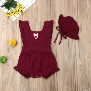 

Pudcoco Newborn Baby Girl Clothes Solid Color Sleeveless Ruffle Romper Jumpsuit Hat 2Pcs Outfits Cotton Clothes