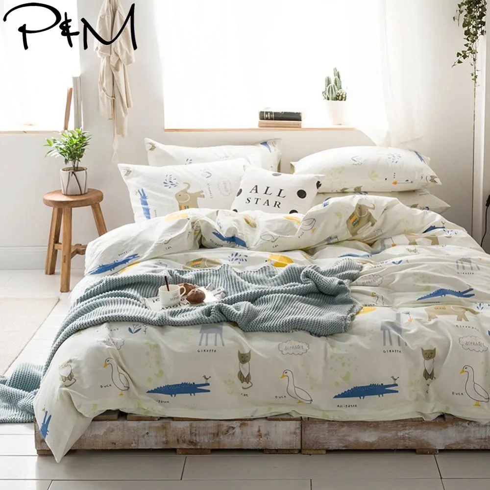 

2019 PAPA&MIMA Zoo Animals Beige Bedlinens Twin Queen King Size Cotton Duvet Cover Set Pillowcases 3/4pcs Bedding Set