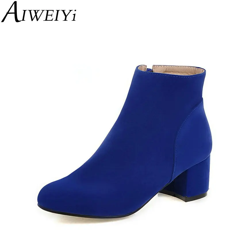 

AIWEIYi 2019 Square Toe Flock Western Style Women Shoes Square High Heel Ankle Boots Women Motorcycle Boots Spring Autumn Boots